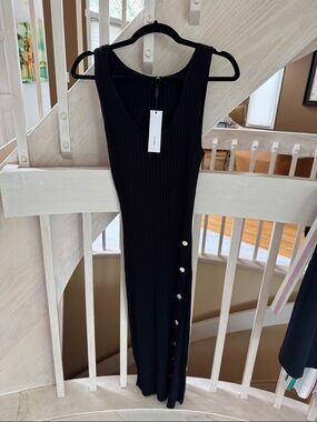 525 America Soft Black Ribbed Midi Dress with Side silver embellishments M